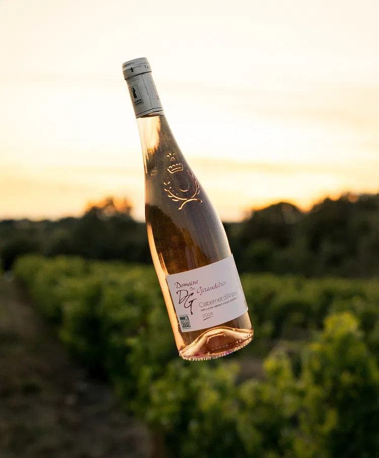 Bouteille de vin rosé, cabernet d'anjou domaine de la giraudière. Une bouteille de rosé flottante
