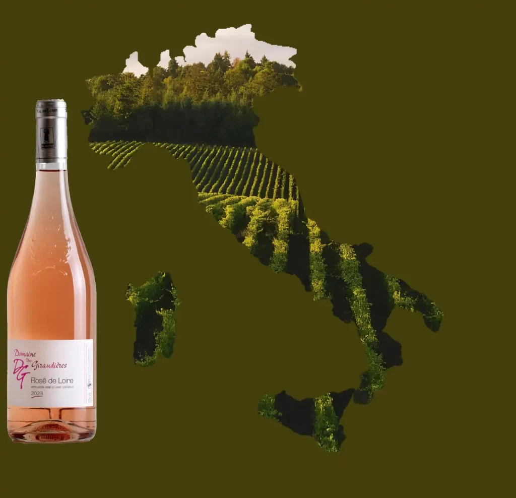 Bouteille de vin et carte de l'Italie mix français et italien